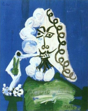 パブロ・ピカソ Painting - パイプを持って座る男性 1968年 パブロ・ピカソ